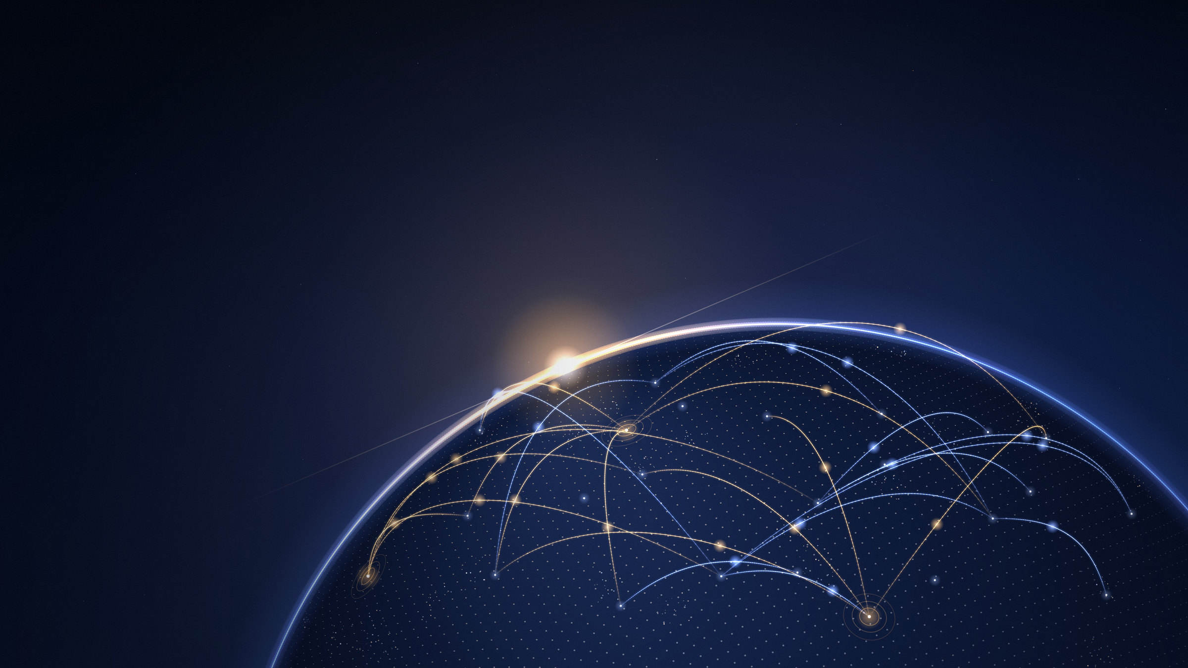 A glowing digital globe with blue and gold network connections